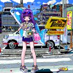  1girl ace_akira bag bangs car eating english_text eyewear_on_head food ground_vehicle inflatable_orca inflatable_toy long_hair motor_vehicle noodles orca original parking_lot pixel_art purple_hair ramen sandals sign solo sunglasses van 