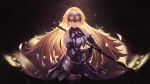  1girl armor armored_dress banner black_gloves black_legwear blonde_hair blue_eyes blurry blurry_background breasts breasts_apart closed_mouth cowboy_shot detached_sleeves dress fate/apocrypha fate_(series) faulds floating_hair fur-trimmed_legwear fur-trimmed_sleeves fur_trim gloves headpiece highres holding jeanne_d&#039;arc_(fate) jeanne_d&#039;arc_(fate)_(all) large_breasts long_hair long_sleeves looking_at_viewer maoii shiny shiny_hair sleeveless sleeveless_dress solo standing thighhighs v-shaped_eyebrows very_long_hair 