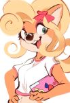  2020 activision anthro bandicoot clothed clothing coco_bandicoot crash_bandicoot_(series) female green_eyes hi_res holding_object mammal marsupial open_mouth open_smile simple_background smile solo tohupo video_games white_background 