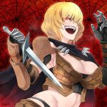  1girl :d armor bangs black_scarf blonde_hair breasts butcha-u cleavage clementine_(overlord) commentary_request gauntlets hair_between_eyes highres knife_in_head large_breasts midriff open_mouth overlord_(maruyama) pauldrons red_background red_eyes scarf short_hair shoulder_armor silk smile spider_web teeth upper_body 