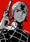  1boy closed_mouth finger_on_trigger guido_mista gun handgun hat highres holding holding_gun holding_weapon jojo_no_kimyou_na_bouken kotatsu_(g-rough) long_sleeves looking_at_viewer male_focus red_background revolver signature simple_background sketch smile solo sweater vento_aureo weapon 