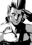  1boy closed_mouth earrings greyscale hand_up heart heart_earrings highres jean_pierre_polnareff jewelry jojo_no_kimyou_na_bouken kotatsu_(g-rough) looking_at_viewer male_focus monochrome one_eye_closed salute signature simple_background smile solo stardust_crusaders upper_body white_background 