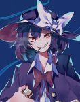  1girl absurdres bangs blue_background bow brown_hair capelet cigarette hair_between_eyes hat hat_bow hat_ribbon highres holding holding_cigarette holding_lighter lighter looking_at_viewer murayo open_mouth red_bow ribbon simple_background smile smoking solo touhou upper_body usami_renko white_bow 