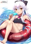  1girl ass bikini black_ribbon black_swimsuit cygames flat_chest food frilled_bikini frills granblue_fantasy hair_ribbon highres lo_xueming long_hair looking_at_viewer medusa_(shingeki_no_bahamut) open_mouth orange_eyes patreon_logo pointy_ears popsicle ribbon shadowverse shingeki_no_bahamut simple_background solo swimsuit water white_hair 