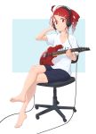  1girl absurdres ahoge anco8pizz bangs cable chair collarbone commentary commission crossed_legs drill_hair electric_guitar expressionless full_body guitar hair_ornament hairclip hand_on_headphones headphones highres holding holding_instrument instrument kasane_teto looking_at_viewer mixed-language_commentary red_eyes red_hair shirt short_hair shorts sitting solo swept_bangs t-shirt twin_drills utau white_shirt 