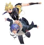  2boys aqua_eyes bandaid bandaid_on_knee bandaid_on_nose black_jacket black_legwear black_pants blonde_hair blue_eyes blue_hair cable falling glasses hair_ornament hairclip hands_on_another&#039;s_back headphones headphones_around_neck hopping jacket kagamine_len kaito kneehighs leap_frog male_focus multiple_boys naoko_(naonocoto) open_mouth outstretched_arms outstretched_legs pants red-tinted_eyewear school_uniform_parka_(module) short_ponytail shorts smile spiked_hair stylish_energy_(module) surprised track_jacket v-shaped_eyebrows vocaloid white_footwear white_hoodie 