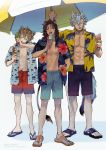  3boys absurdres animal_ears bangs blonde_hair blue_eyes braid brown_hair dark_skin dark_skinned_male food green_eyes highres ice_cream jack_howl leona_kingscholar lion_ears long_hair looking_at_viewer male_focus male_swimwear multiple_boys navel open_clothes open_shirt print_shirt ruggie_bucchi shirt short_hair simple_background swim_briefs swim_trunks swimsuit swimwear twin_braids twisted_wonderland uri_(ut111) 