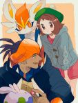  1boy 1girl black_hair blush brown_eyes brown_hair cardigan cinderace commentary dark_skin dark_skinned_male dress earrings fang feeding gen_6_pokemon gen_8_pokemon goomy green_headwear grey_cardigan gym_leader highres holding hood jewelry kibana_(pokemon) mu_acrt open_mouth orange_headwear pink_dress pokeblock pokemon pokemon_(creature) pokemon_(game) pokemon_swsh short_hair smile tam_o&#039;_shanter yuuri_(pokemon) 