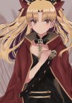  1girl bangs blonde_hair blush breasts cape earrings ereshkigal_(fate/grand_order) fate/grand_order fate_(series) gold_trim hinomaru_(futagun) hoop_earrings infinity jewelry long_hair looking_at_viewer medium_breasts multicolored multicolored_cape multicolored_clothes parted_bangs red_cape skull smile spine tiara two_side_up yellow_cape 