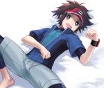  1boy absurdres barefoot blue_jacket blush brown_eyes brown_hair commentary_request hand_up highres jacket kyouhei_(pokemon) lying male_focus on_back open_mouth pokemon pokemon_(game) pokemon_bw2 red_headwear short_sleeves shorts smile solo sono_(user_dmxn5534) spread_legs tongue visor_cap 