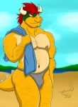  absurd_res anthro arm_hair beach beach_towel belly belly_scales body_hair bowser bulge chest_hair clothing facial_hair father hairy hi_res koopa leg_hair lil_slyorlando male male/male mario_bros nintendo parent reptile scales scalie seaside solo stomach_hair swimwear underwear video_games 