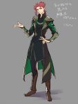  1boy brown_eyes brown_footwear closed_mouth coat cosplay full_body green_coat grey_background hand_on_hip hand_up jojo_no_kimyou_na_bouken kakyouin_noriaki kotatsu_(g-rough) loki_(marvel) loki_(marvel)_(cosplay) looking_at_viewer marvel red_hair simple_background smile solo translation_request 