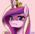  crown equid equine female friendship_is_magic hair horn john_joseco mammal multicolored_hair my_little_pony pink_background pink_body princess_cadance_(mlp) purple_eyes royalty signature simple_background solo unicorn 