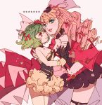  2girls arm_around_shoulder blonde_hair blue_eyes breasts brown_eyes cleavage drill_hair green_hair highres hug idol long_hair looking_at_another looking_at_viewer looking_up macross macross_frontier medium_breasts multiple_girls ranka_lee sheryl_nome short_hair yukikokoro 