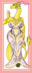  absurd_res anthro beverage big_breasts breasts cleavage clothed clothing curvy_figure dragon dress female hi_res holding_object horn huge_breasts looking_at_viewer rubykila scales scalie smile solo standing thick_thighs voluptuous wide_hips yellow_body yellow_scales 