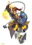  1girl :d arm_shield armor ball_and_chain boots breastplate brigitte_(overwatch) brown_eyes brown_gloves brown_hair clenched_hand floating_hair freckles full_body gauntlets gloves hair_pulled_back highres holding holding_weapon kotatsu_(g-rough) looking_at_viewer open_mouth overwatch ponytail shield signature simple_background smile solo waist_cape weapon white_background 