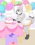 absurd_res accessory anthro balloon cake canid canine chair clothing dress female food fox furniture gift hair hair_accessory hair_bow hair_ribbon hi_res mammal noisemaker ribbons smile solo table tablecloth wen 