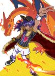  1boy arm_up baseball_cap black_headwear cape charizard clenched_hand closed_mouth commentary_request dande_(pokemon) dark_skin dark_skinned_male dynamax_band facial_hair fur-trimmed_cape fur_trim gen_1_pokemon gloves hat highres long_hair looking_at_viewer looking_up pokemon pokemon_(creature) pokemon_(game) pokemon_swsh pose purple_hair shirt short_sleeves shorts single_glove smile w wedo yellow_eyes 