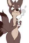  2020 3_tails anthro brown_body brown_fur featureless_crotch female fur hi_res holding_cup holding_object mammal multi_tail nude portrait simple_background smile solo standing steam three-quarter_portrait tohupo white_background 