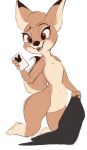  2020 anthro brown_eyes dipstick_ears featureless_crotch female full-length_portrait fur hi_res holding_object kneeling mammal multicolored_ears nude open_mouth open_smile portrait simple_background smile solo tan_body tan_fur tohupo white_background 