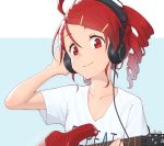  1girl ahoge anco8pizz bangs cable collarbone commentary commission drill_hair electric_guitar guitar hair_ornament hairclip hand_on_headphones highres holding holding_instrument instrument kasane_teto looking_at_viewer mixed-language_commentary red_eyes red_hair shirt short_hair smile solo swept_bangs t-shirt twin_drills utau white_shirt 