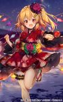  1girl blonde_hair candy_apple flandre_scarlet flower food hair_flower hair_ornament hairclip japanese_clothes kimono night night_sky red_eyes riichu side_ponytail sky standing standing_on_one_leg touhou touhou_cannonball water yukata 