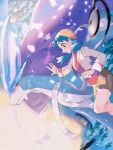  1girl bike_shorts blue_eyes blue_hair blurry clenched_hand commentary cropped_jacket crystal_(pokemon) gen_2_pokemon hair_tie highres jacket legendary_pokemon long_hair long_sleeves mu_acrt parted_lips pokemon pokemon_(creature) pokemon_(game) pokemon_gsc signature suicune tied_hair twintails unown white_jacket yellow_headwear 
