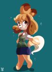  2019 animal_crossing anthro barefoot canid canine canis clothed clothing domestic_dog female full-length_portrait fully_clothed fur hi_res isabelle_(animal_crossing) mammal nintendo portrait shih_tzu simple_background solo tohupo toy_dog video_games yellow_body yellow_fur 