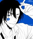  1boy ;) black_hair black_neckwear blue_background blue_eyes cigarette collared_shirt hagiwara_kenji hair_between_eyes hand_up holding holding_cigarette lipstick_mark looking_at_viewer male_focus mashima_shima meitantei_conan necktie one_eye_closed partially_colored shirt simple_background smile smoke solo twitter_username upper_body 