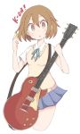  1girl blue_skirt blush breasts brown_eyes brown_hair cardigan collared_shirt copyright_name eyebrows_visible_through_hair hair_ornament hairclip hirasawa_yui holding holding_instrument holding_plectrum instrument k-on! looking_at_viewer mikan_(mikabe) parted_lips pleated_skirt plectrum shirt short_hair short_sleeves skirt small_breasts solo white_shirt 