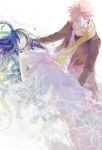  1boy 1girl black_hair closed_eyes dress en_(enxxx) green_eyes green_hair highres id_:invaded leaf long_coat long_hair multicolored_hair partially_submerged pink_hair scarf sleeveless sleeveless_dress spiked_hair water white_dress yellow_scarf 