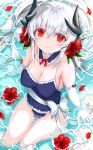  1girl blue_swimsuit breasts casual_one-piece_swimsuit collarbone dragon_girl dragon_horns elbow_gloves fate/grand_order fate_(series) flower from_above gloves grey_hair hair_flower hair_ornament highres horns kiyohime_(fate/grand_order) kiyohime_(swimsuit_lancer)_(fate) long_hair medium_breasts morizono_shiki multiple_horns one-piece_swimsuit red_eyes red_flower sitting solo swimsuit white_gloves 