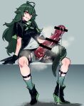  1girl animal_penis arknights bangs bar_censor black_gloves black_shorts censored crocodilian_tail erection eyebrows_visible_through_hair futanari gavial_(arknights) gloves green_hair grin hair_between_eyes highres huge_penis knotted_penis long_hair looking_at_viewer mirin_chikuwa penis pointy_ears precum precum_drip shoes short_sleeves shorts sitting smile solo spread_legs tail torn_clothes torn_legwear torn_shorts wide_sleeves yellow_eyes 