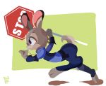  2019 anthro border clothed clothing disney female fully_clothed fur green_background grey_body grey_fur hi_res holding_object judy_hopps lagomorph leporid mammal purple_eyes rabbit simple_background solo stop_sign tohupo walking whistle_(object) white_border zootopia 