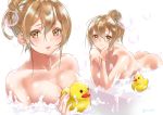  ass bath blush brown_hair bubble bubble_bath hair_bun highres koji_(kojikojimdw) lips nude original rubber_duck short_hair signature 