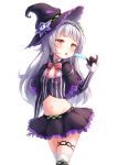  1girl bangs blunt_bangs breasts buttons cleavage collarbone eyebrows_visible_through_hair food groin hat headband highres hololive long_hair midriff miniskirt murasaki_shion navel popsicle saliva saliva_trail skirt small_breasts solo tongue tongue_out ushimu virtual_youtuber white_background witch_hat 