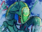  black_sclera cloud commentary_request dragon gen_3_pokemon highres legendary_pokemon looking_at_viewer mu_acrt no_humans open_mouth pokemon pokemon_(creature) rayquaza sky solo yellow_eyes 