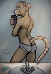  5_fingers anthro athletic athletic_anthro buckteeth butt cellphone clothing fingers fur grey_body grey_fur hair hi_res looking_back male mammal mirror_selfie murid murine phone pink_ears pink_nose pose rat rat_tail rodent selfie simple_background sink smartphone smile solo standing teeth underwear vulgarstarling whiskers 