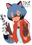  2020 absurd_res anthro black_nose blue_eyes blue_hair brand_new_animal brown_body brown_fur canid canine clothed clothing double_peace_sign female fluffy fluffy_tail fur gloves_(marking) hair half-length_portrait hi_res jacket mammal markings michiru_kagemori open_mouth portrait raccoon_dog short_hair solo studio_trigger tanuki topwear yo_na 