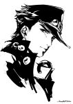  1boy closed_mouth greyscale hat hat_pin highres jacket jojo_no_kimyou_na_bouken kotatsu_(g-rough) kuujou_joutarou looking_at_viewer male_focus monochrome peaked_cap simple_background solo stardust_crusaders upper_body white_background 