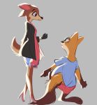  2020 anthro barefoot black_nose brown_body brown_fur canid canine cervid clothed clothing duo eyewear female fox fully_clothed fur glasses grey_background hi_res light lighting looking_at_another mammal scarf shirt simple_background t-shirt tohupo topwear 