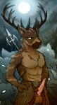  2018 animal_genitalia animal_penis anthro antlers balls bethesda_softworks canid canine captainzepto cervid clothing digital_media_(artwork) erection forest fur genitals group hi_res hircine_(elder_scrolls) horn hybrid loincloth looking_at_viewer male mammal melee_weapon moon muscular muscular_male night penis polearm pose solo_focus spear the_elder_scrolls tree video_games weapon 