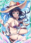 1girl akkijin aqua_eyes arm_strap armpits bare_shoulders bikini black_choker black_hair breasts brown_headwear choker cleavage cloud day floating_hair flower grin halterneck hat hat_flower long_hair looking_at_viewer medium_breasts navel official_art outdoors sandals sarong shinkai_no_valkyrie side-tie_bikini sky smile solo stomach straw_hat swimsuit thigh_strap thighs v-shaped_eyebrows water waves wings 