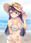  1girl bangs bare_shoulders beach bikini blush breasts cleavage cloud cloudy_sky collarbone day eyebrows_visible_through_hair frilled_bikini frills girl_cafe_gun hat highres large_breasts lips long_hair looking_afar nail_polish navel ocean sand signature sky smile solo stomach sun_hat swimsuit user_psy2887 yellow_eyes 