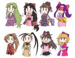  6+girls :&gt; :d ayame_(pop&#039;n_music) bandages black_hair blonde_hair blue_eyes blush bow brown_eyes brown_hair detached_sleeves earrings fishnet_top fishnets fujibayashi_suzu ganbare_goemon green_eyes green_hair gyakuten_kenji gyakuten_saiban hair_bow hamaguchi_ayame ibuki_(street_fighter) ichijou_mikumo idolmaster idolmaster_cinderella_girls jewelry long_hair mikan_(mikabe) multiple_girls ninin_ga_shinobuden ninja open_mouth ponytail pop&#039;n_music purple_eyes purple_hair shinobi_anko shinobu simple_background sleeveless smile street_fighter tales_of_(series) tales_of_phantasia trait_connection upper_body white_background yae_(ganbare_goemon) 