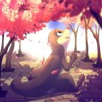  1:1 2020 absurd_res anthro autumn brown_body brown_fur detailed_background fur green_eyes hi_res leaf light lighting looking_up lutrine mammal mustelid nude open_mouth open_smile outside pointedfox shadow signature smile solo sunbeam sunlight tree 