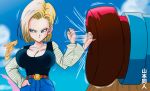  1girl afterimage android_18 annoyed belt blonde_hair blue_eyes bouncing_breasts breasts cleavage day denim denim_skirt dragon_ball dragon_ball_(classic) dragon_ball_z earrings hand_in_pocket jewelry large_breasts long_sleeves looking_to_the_side motion_blur motion_lines outdoors punching shirt short_hair skirt sky solo unaligned_breasts v-shaped_eyebrows yamamoto_doujin 