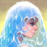  1:1 abstract_background akairiot blue_eyes elemental_creature elemental_humanoid eyelashes female headshot_portrait hi_res humanoid kelda_(akairiot) liquid_hair not_furry portrait pseudo_hair simple_background solo water water_creature water_humanoid wet white_body white_skin yellow_background 