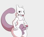 2020 3_fingers anthro balls blep brown_eyes dabelette fingers front_view genitals grey_background hand_on_hip hand_on_penis hi_res legendary_pok&eacute;mon looking_at_viewer male mewtwo multicolored_body nintendo nude penis pok&eacute;mon pok&eacute;mon_(species) portrait purple_body simple_background solo thick_tail thick_thighs three-quarter_portrait tongue tongue_out two_tone_body video_games white_body 