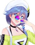  1girl absurdres bangs bare_shoulders black_choker blue_eyes blue_hair choker collarbone commentary_request eyebrows_visible_through_hair eyelashes fu_hua fukuro_ko_(greentea) green_nails hair_between_eyes hat highres honkai_(series) honkai_impact_3rd long_hair looking_at_viewer nail_polish round_eyewear shiny shiny_hair simple_background smile solo tied_hair white_background white_headwear 